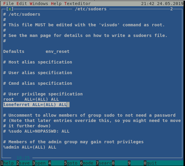 Modified /etc/sudoers