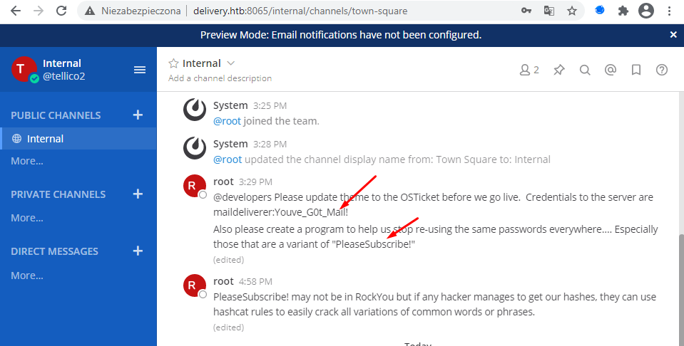 Passwords in internal channel